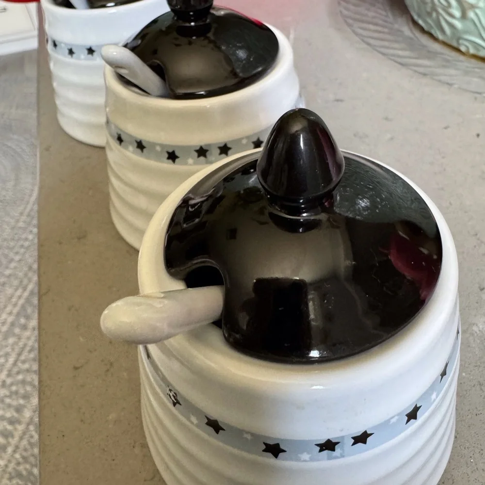 White Ceramic jam, jelly, honey Jars with navy Lids & serving spoons.. set of 3